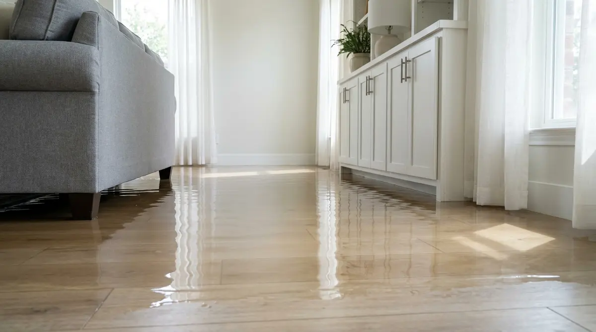 Shallow water on a living room floor touching the legs of a gray sofa and the base of white wall cabinets