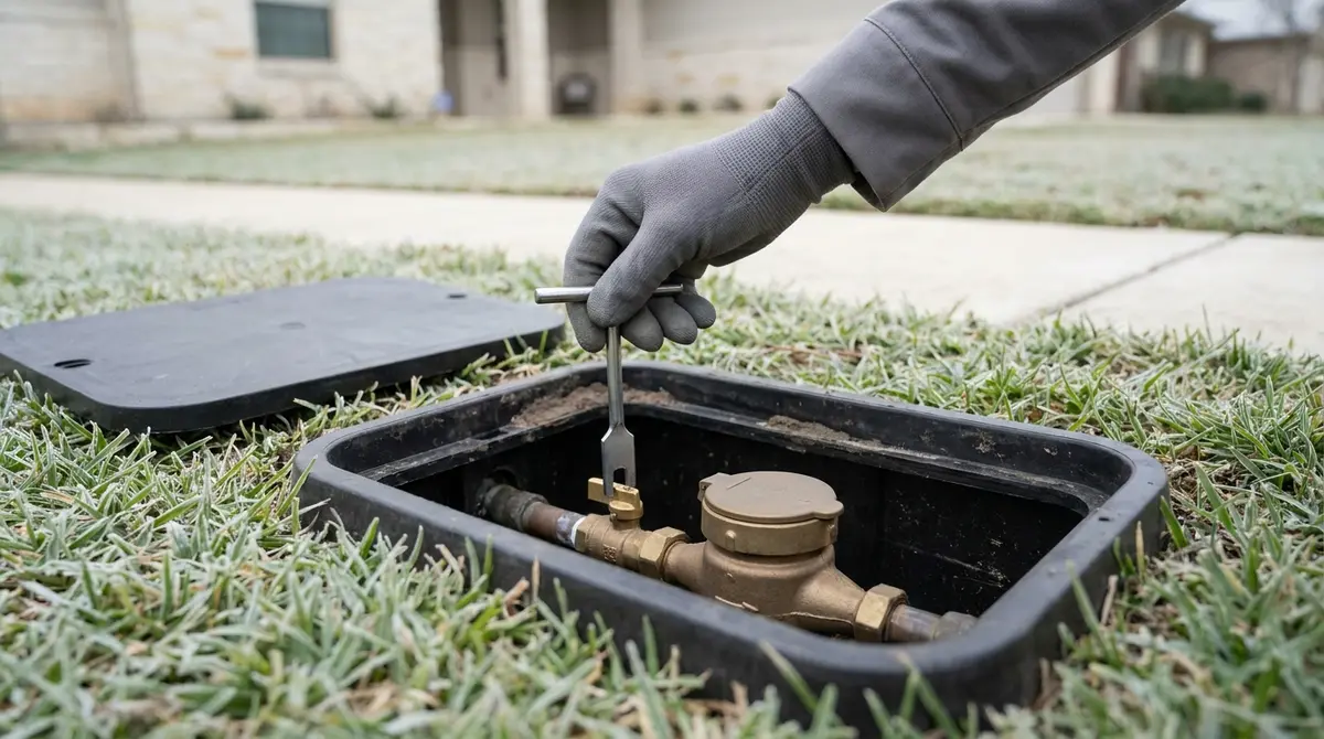 A gloved hand fits a meter key onto a brass shutoff valve beside the water meter in an open meter box.