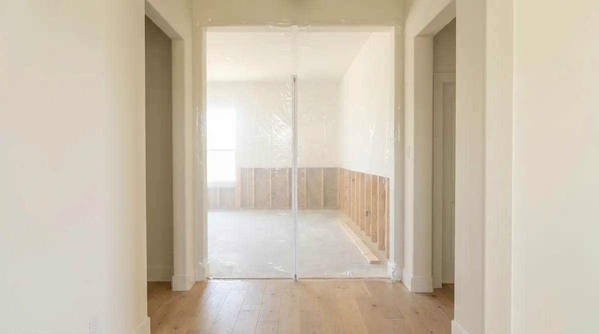 Clear plastic sheeting with a zipper door sealing off a doorway, with a room behind it where the lower drywall has been cut away to bare wood studs