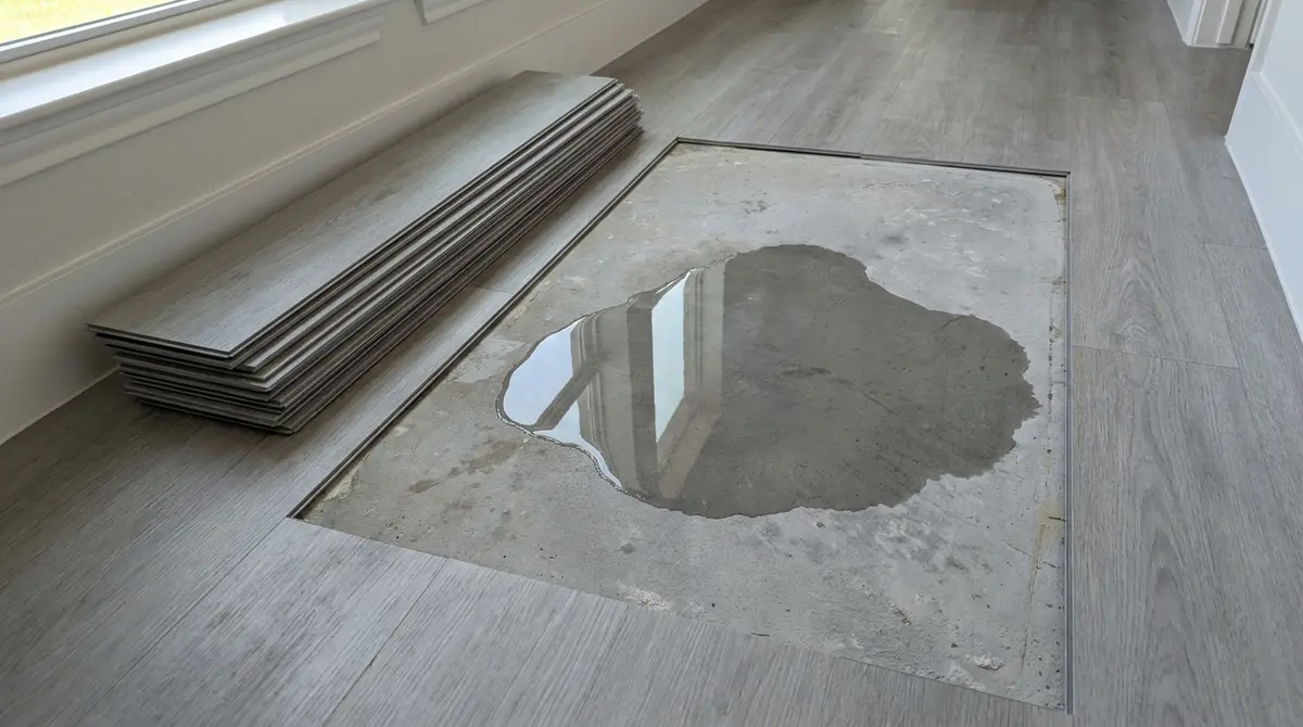 Gray vinyl planks lifted and stacked by a wall expose a concrete slab with a dark wet patch and a shallow pool of water.