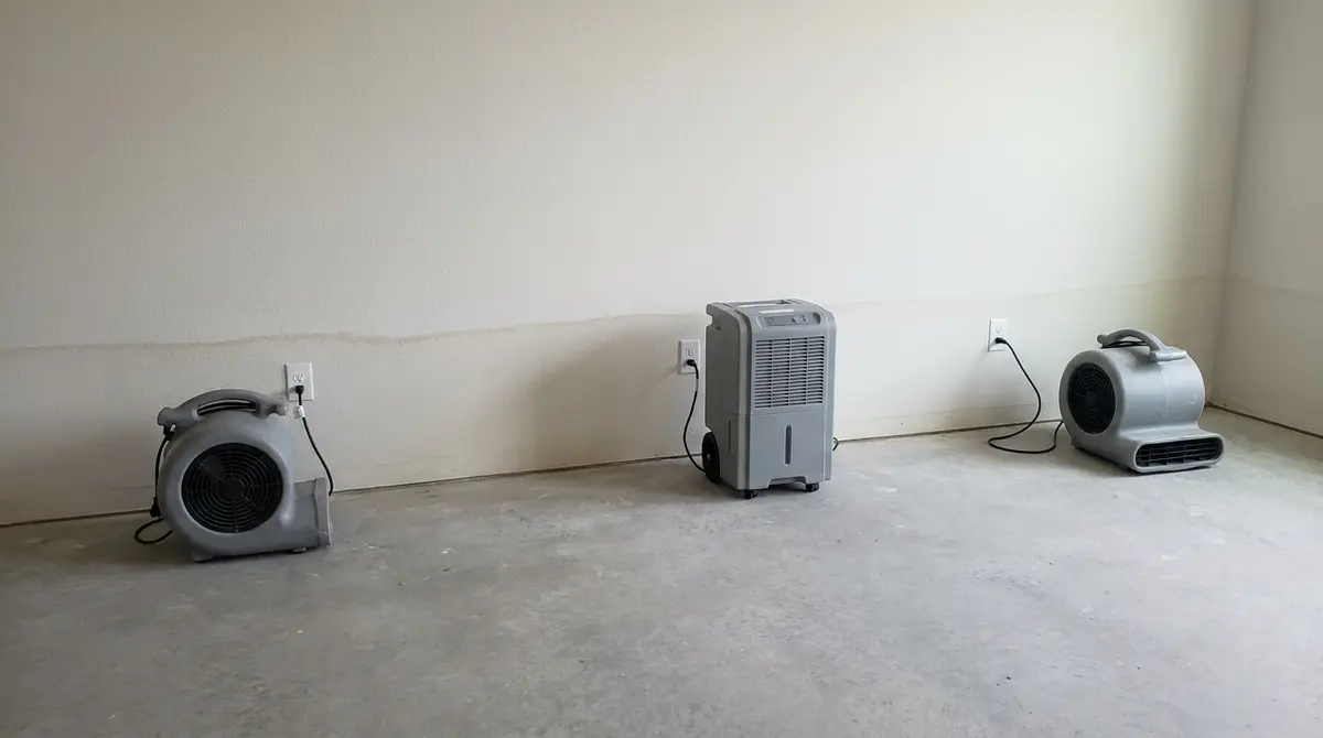 Two air movers and a dehumidifier plugged in beside a wall with a faint water stain line above a bare concrete floor