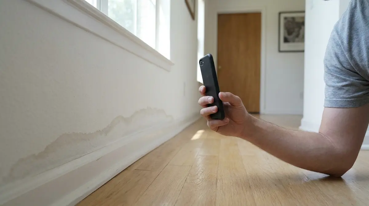 A hand holds a black smartphone up to photograph a wavy water stain on the wall above a white baseboard in a sunlit hallway.