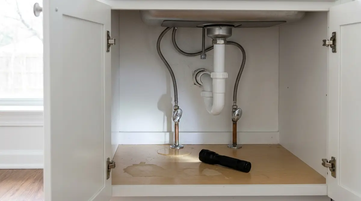 Water pools on the floor of an open sink cabinet at the base of a shutoff valve, beside a flashlight.