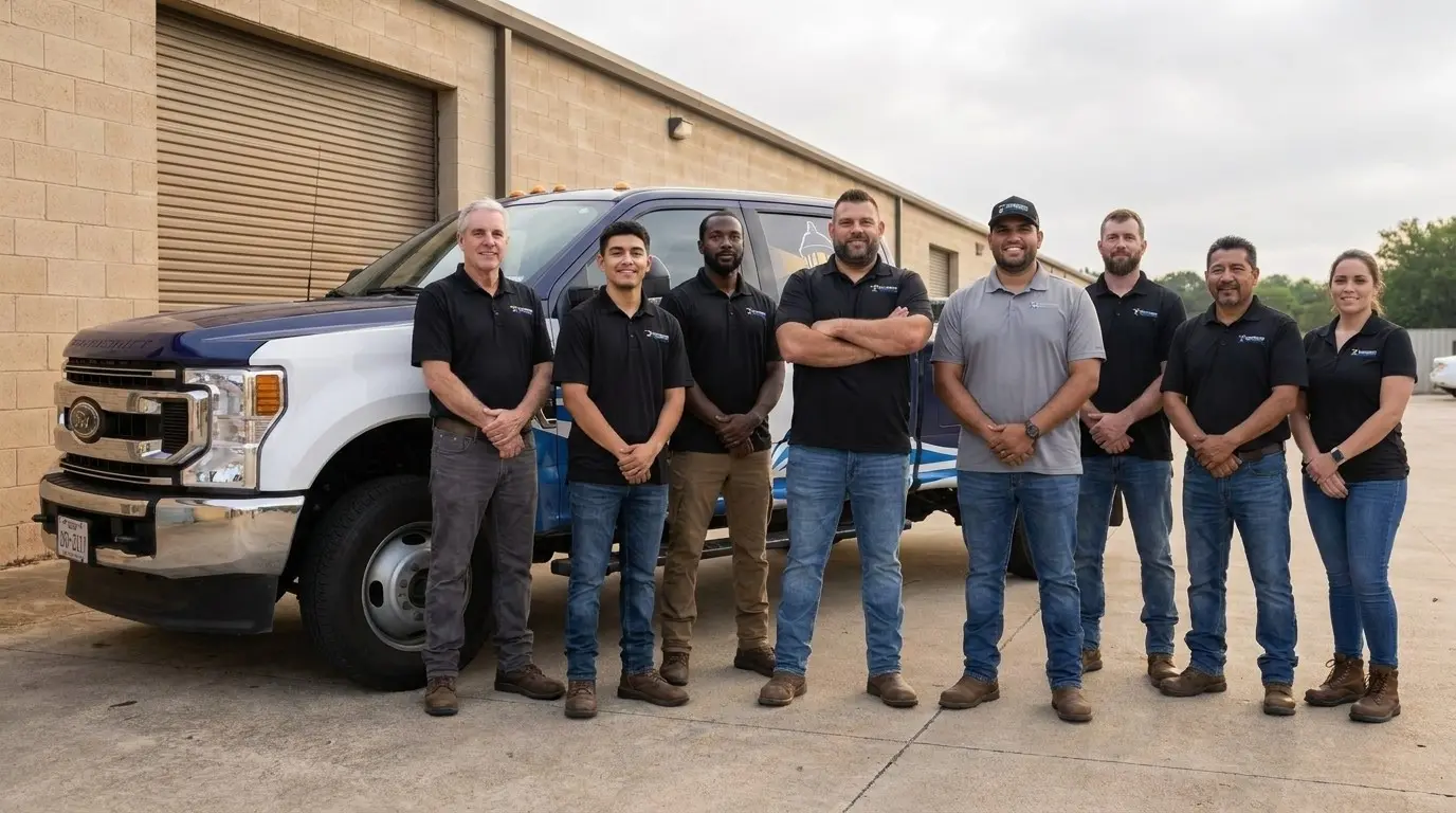 The Watchtower crew in company polos at the shop, water and fire damage restoration