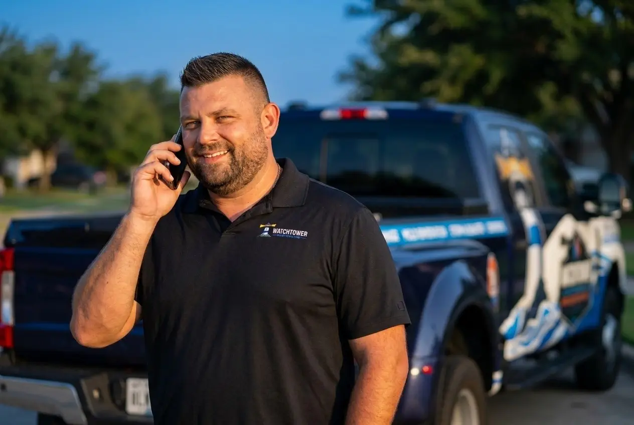 A Watchtower team member on a call beside the truck, water damage restoration in Galveston, TX