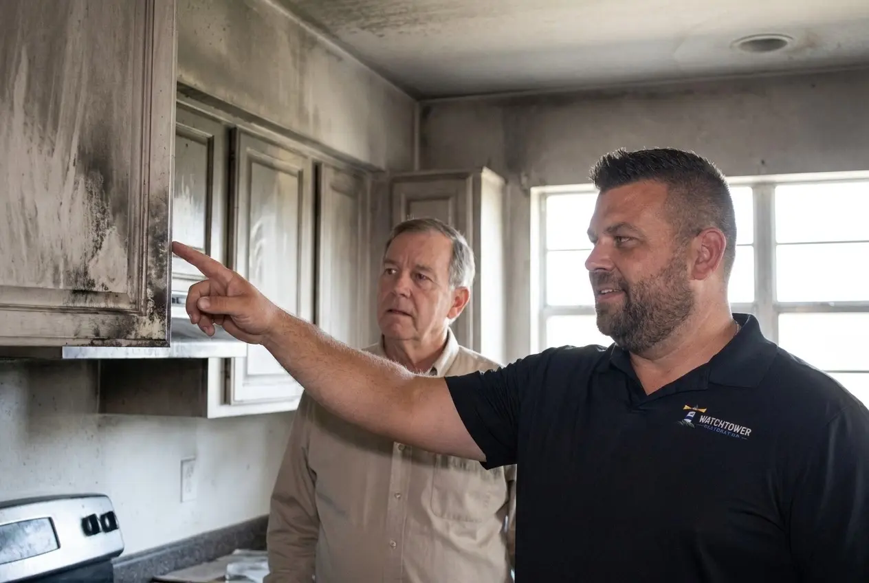 A Watchtower crew lead in a soot-damaged kitchen, fire damage restoration