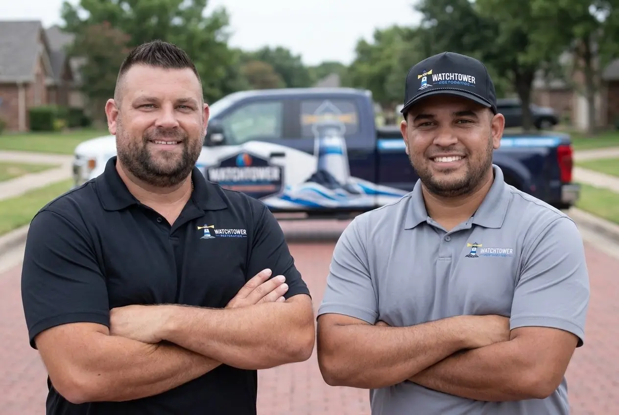 Two Watchtower team members at the truck, water damage restoration in Round Rock, TX