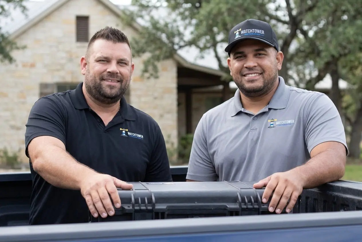 Two Watchtower team members unloading an equipment case, mold remediation