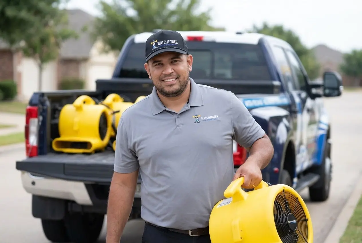 A Watchtower technician carrying an air mover, flood cleanup