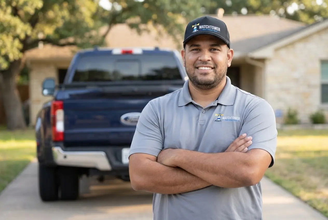 A Watchtower technician in front of the truck, storm damage restoration