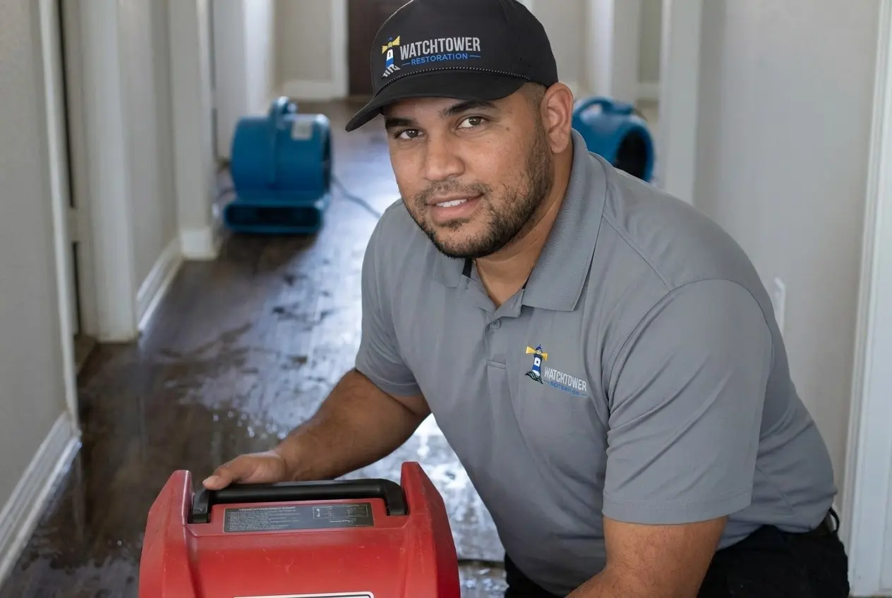 A Watchtower technician setting up a dehumidifier, water extraction