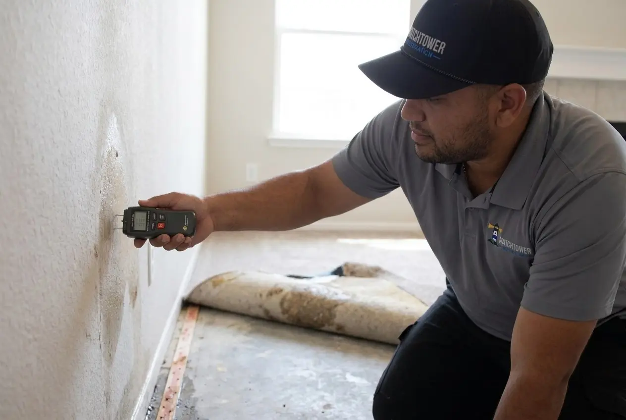A Watchtower technician checking wet drywall, water damage restoration