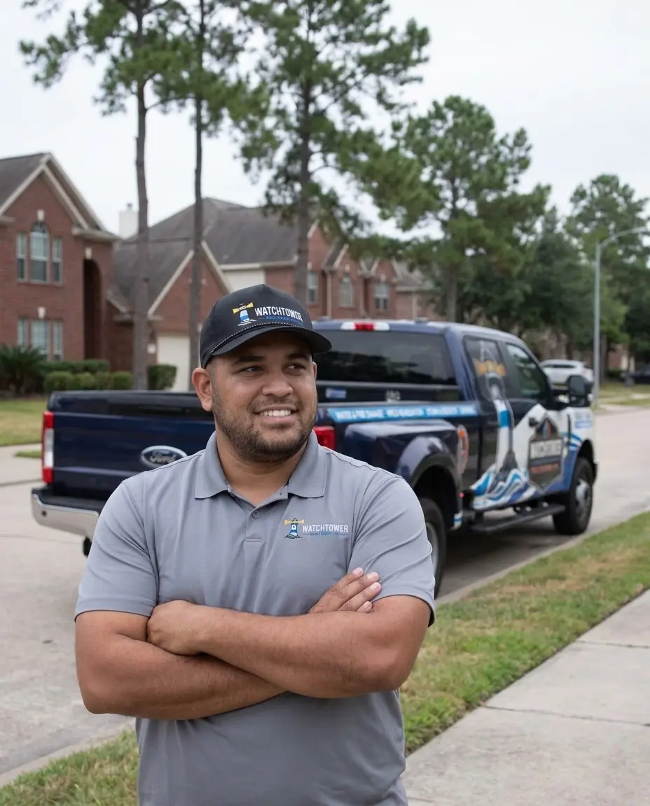 A Watchtower technician standing in front of the truck, water and fire damage restoration