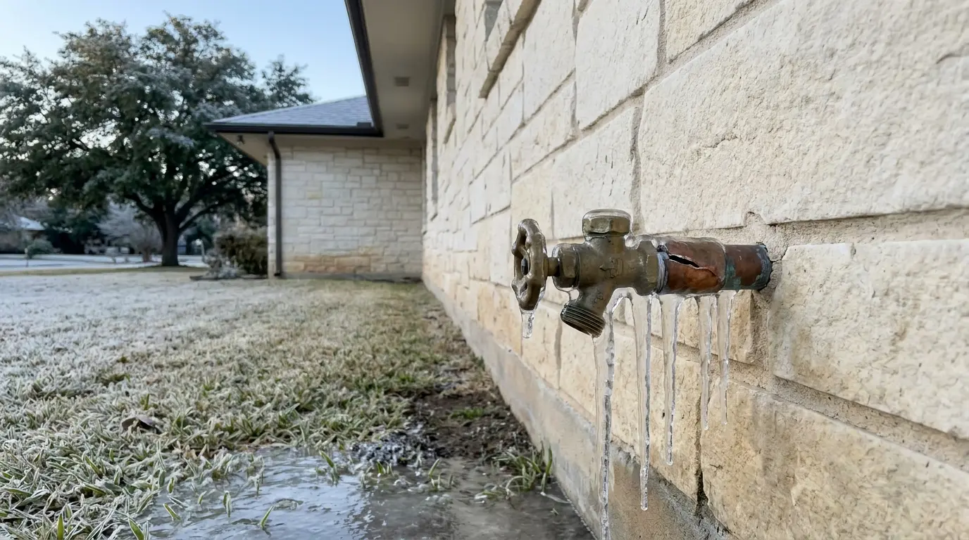Icicles hang from a split copper pipe and brass hose faucet on a limestone house wall beside a frosted lawn.