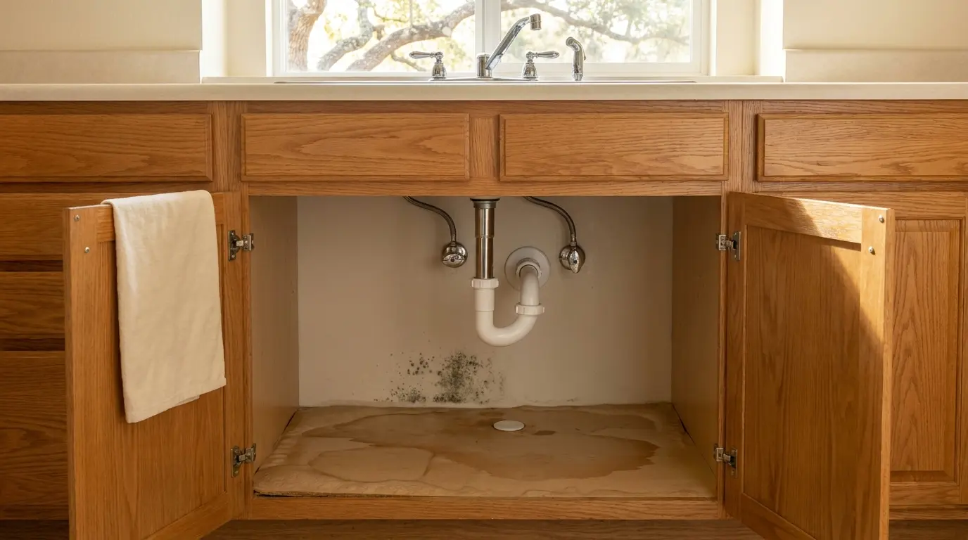 Open kitchen sink cabinet with a water stained, swollen cabinet floor and dark mold spots on the back panel below the drain, in a sunny kitchen with oak cabinets