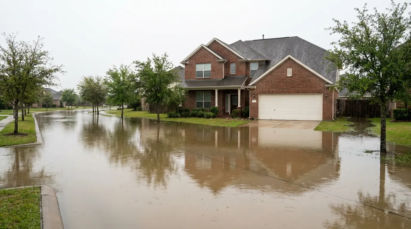 Muddy floodwater across a flat suburban street and driveway in front of a red brick two story home with a white garage door