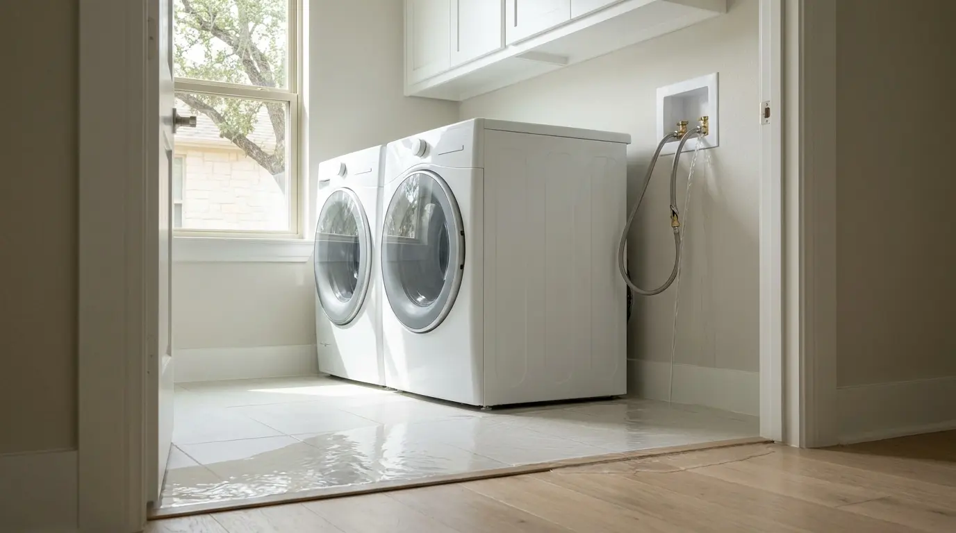 Water running down the wall from a braided steel hose at the washer valves spreads across a laundry room's tile floor toward the hallway.