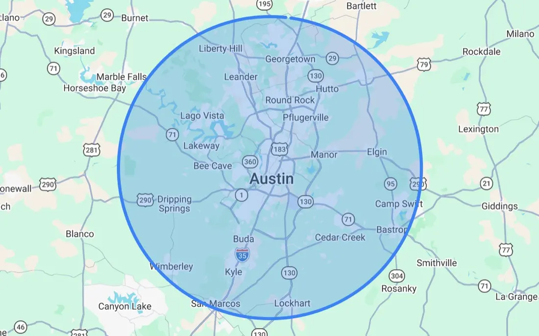Map shaded from Georgetown to San Marcos