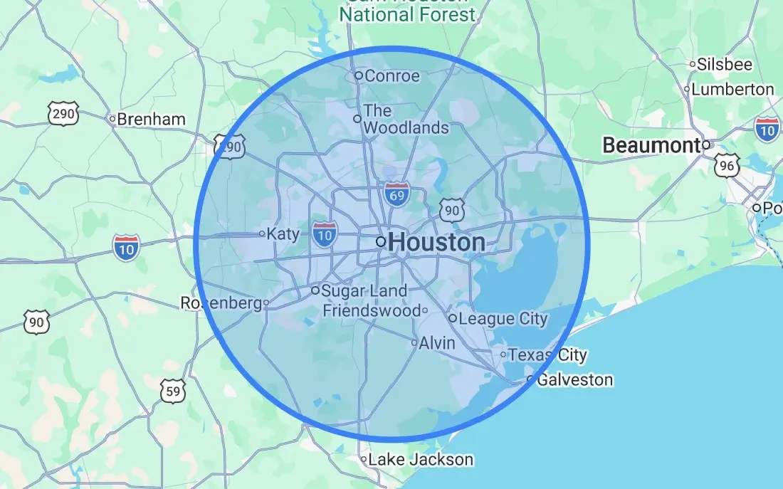 Map shaded from The Woodlands to Galveston