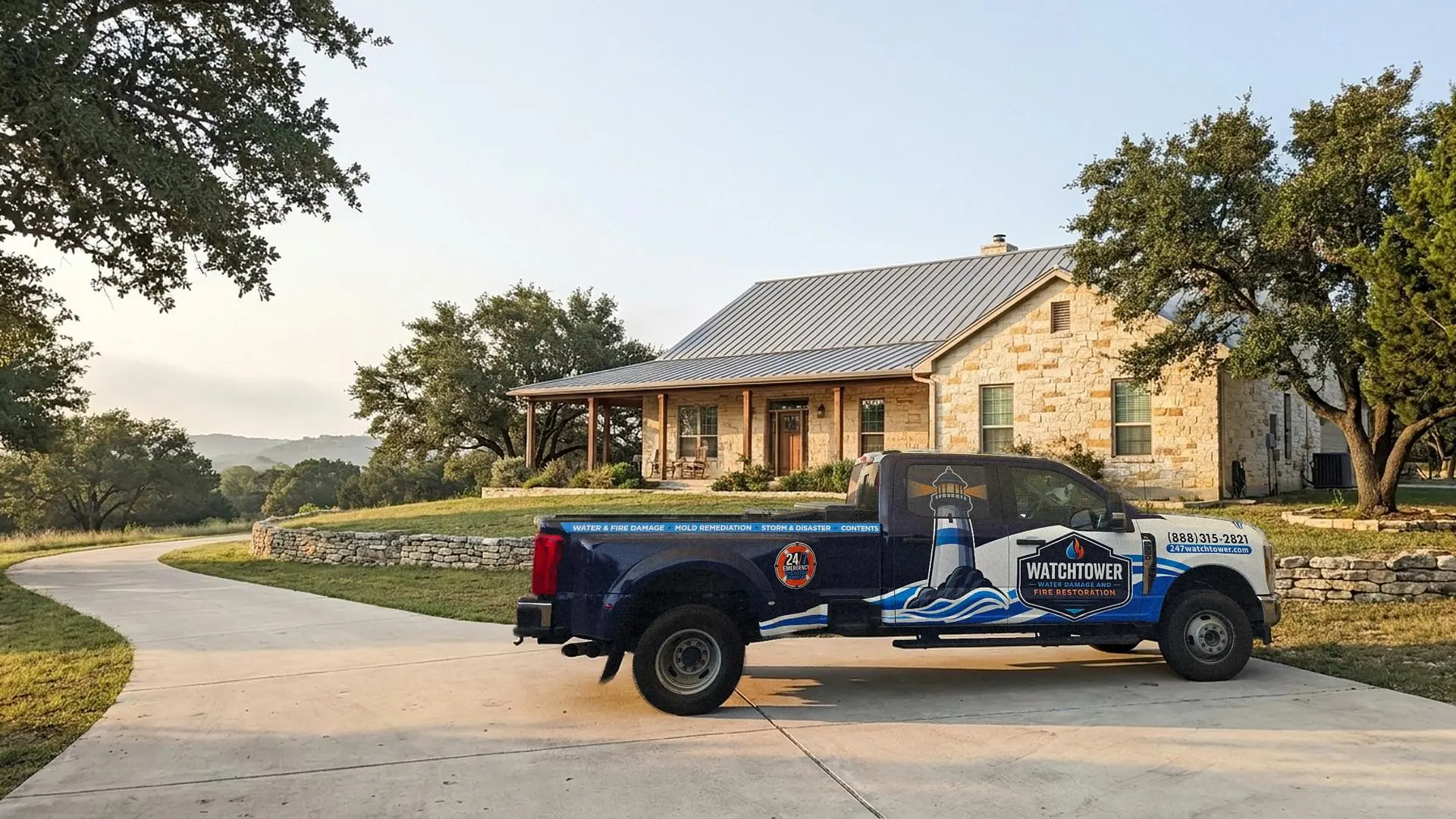 Wrapped service pickup truck in the driveway of a limestone ranch house with oaks, fire damage restoration in Austin, TX