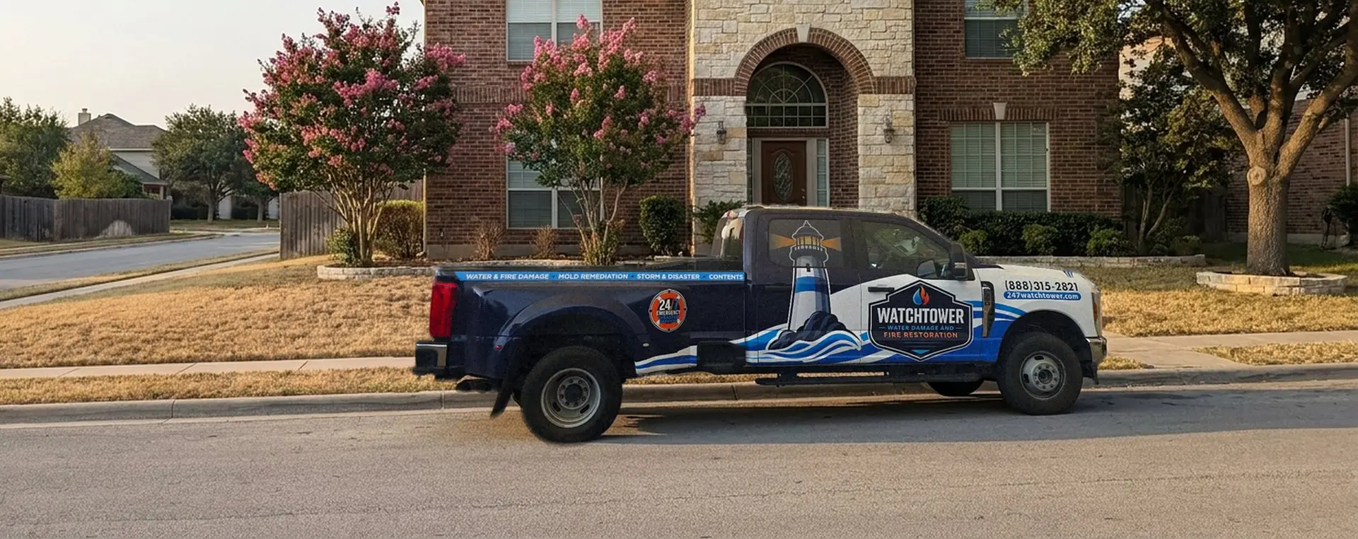Wrapped company pickup parked outside a brick home, water and fire damage restoration
