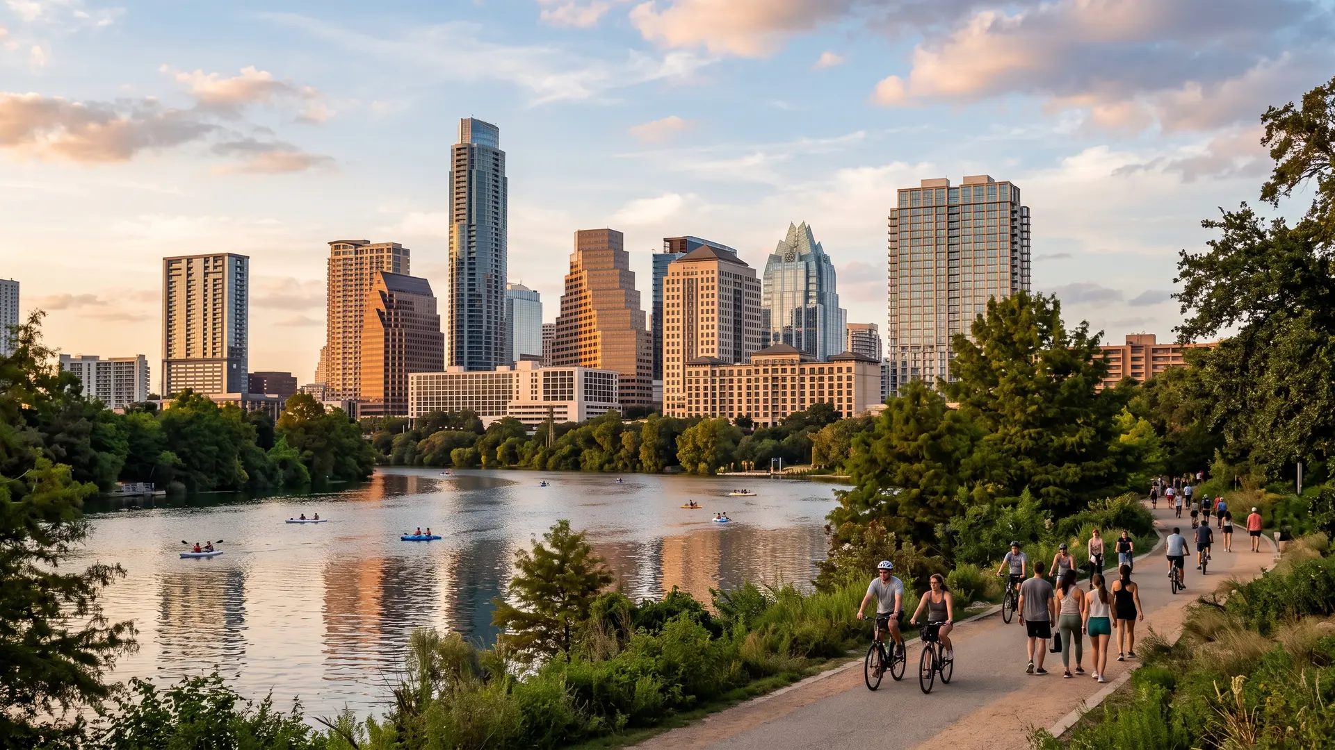 City skyline above a lake with kayakers and cyclists on a shoreline trail, water and fire damage restoration