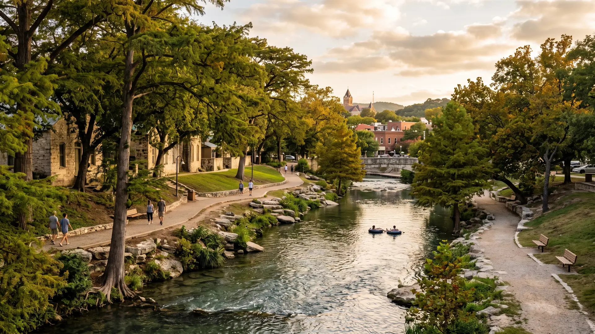 Clear river running through a tree-lined park with tubers and a walking path, fire damage restoration in San Marcos, TX
