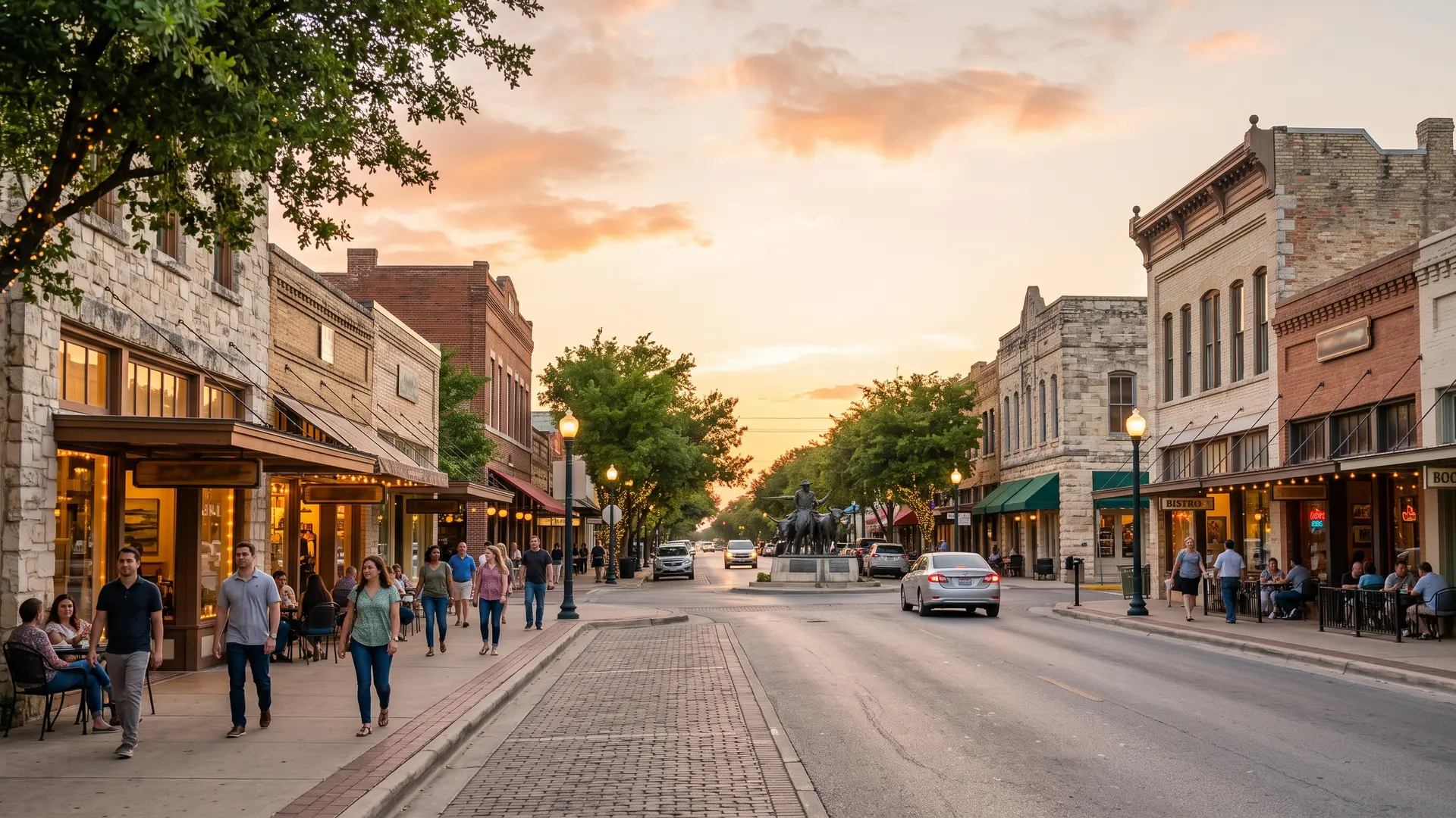 Historic main street at sunset with stone storefronts and a statue, fire damage restoration in Round Rock, TX
