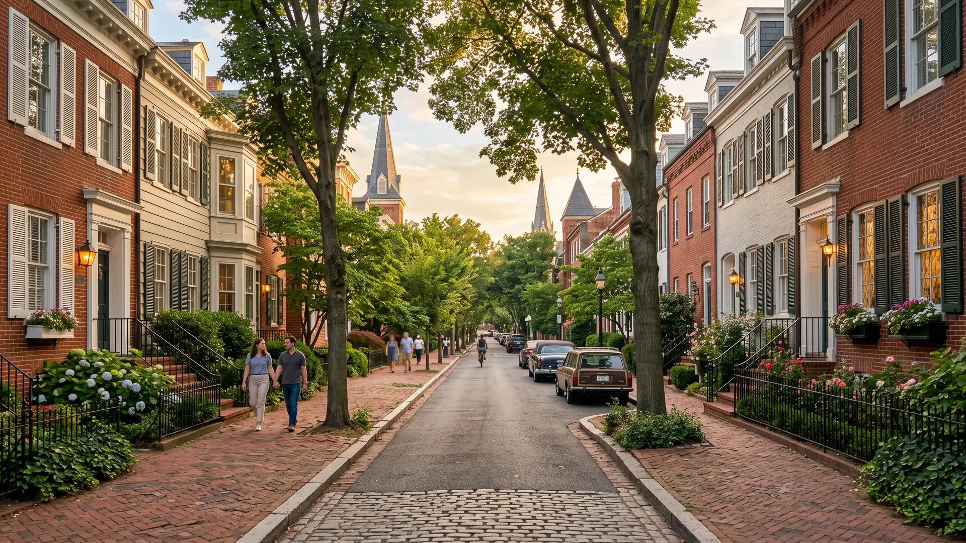 Brick row houses with shutters on a tree-lined street with church spires, fire damage restoration in Georgetown, TX