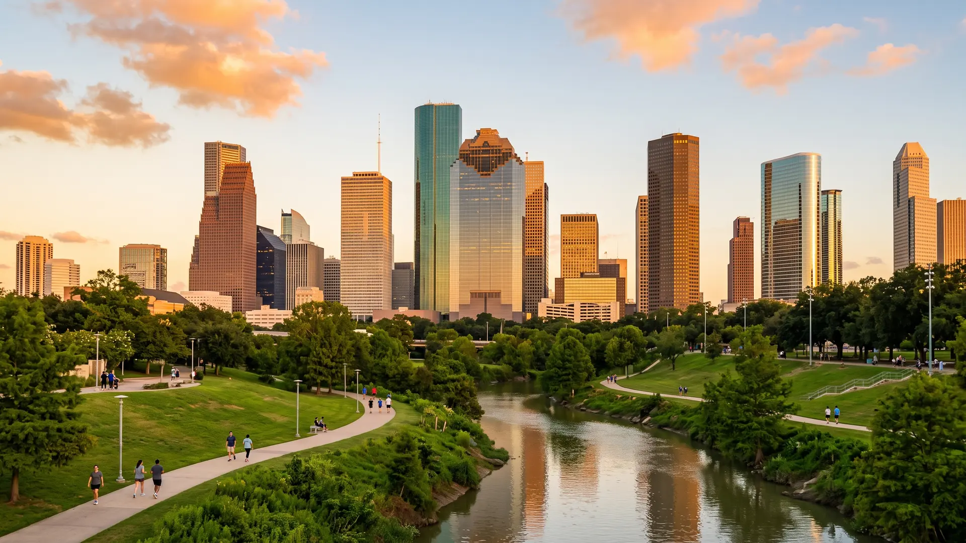 Glass towers at golden hour above a bayou and a park trail with joggers, fire damage restoration in Houston, TX