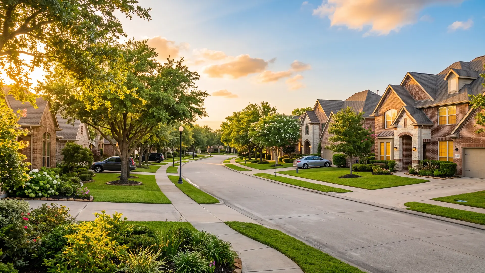 Suburban street of brick two-story homes with green lawns at sunset, fire damage restoration in Katy, TX