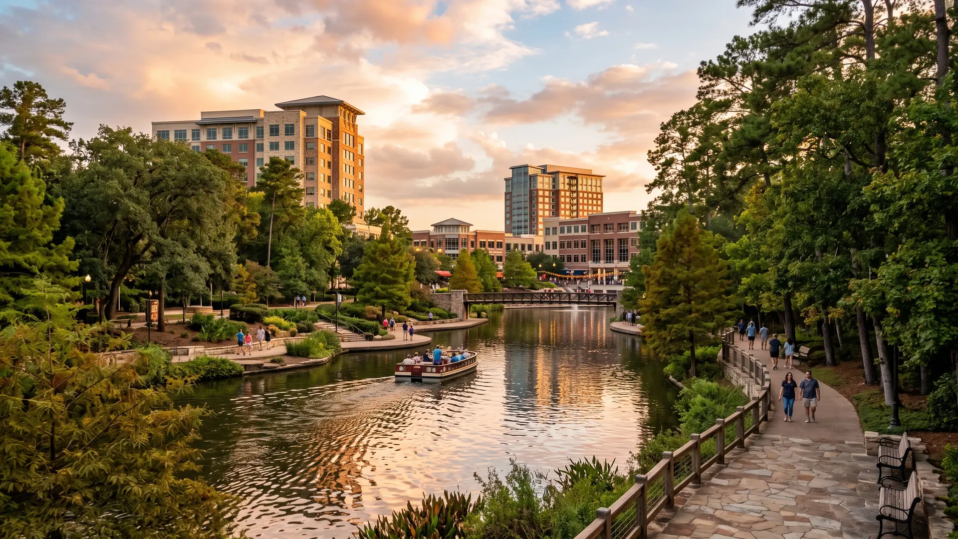 Waterway with a tour boat, a stone walkway and pine trees at dusk, water damage restoration in The Woodlands, TX