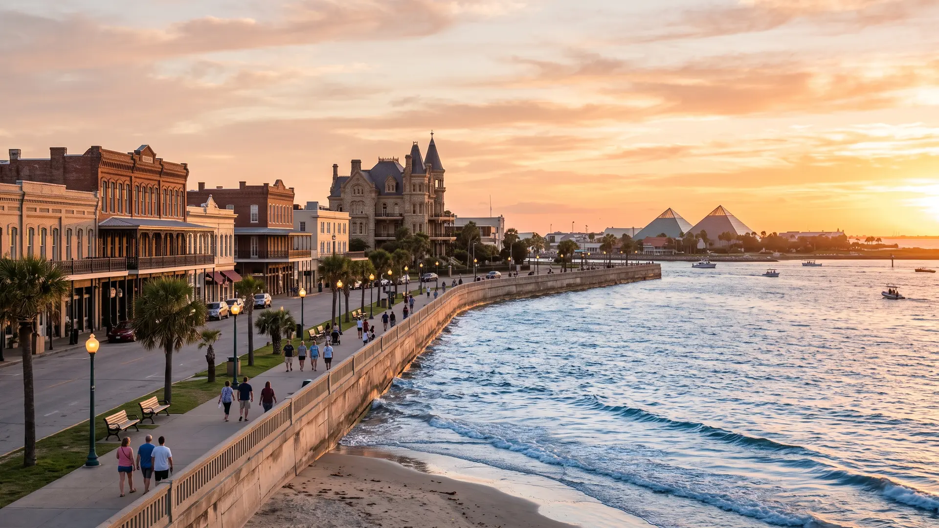 Seawall promenade with palm trees, historic buildings and the Gulf at sunset, fire damage restoration in Galveston, TX