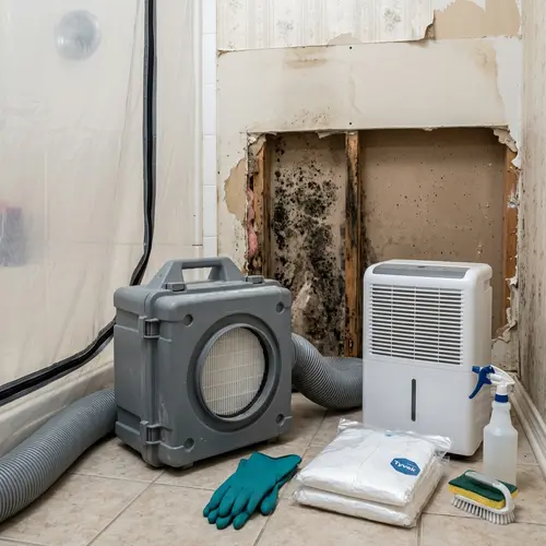 Mold on exposed wall studs behind cut drywall, with an air scrubber and dehumidifier, mold remediation