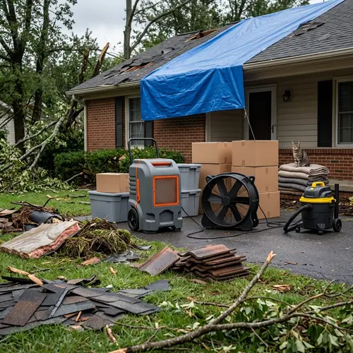 Blue tarp on a damaged roof, with fallen limbs, shingles and drying equipment, water and fire damage restoration